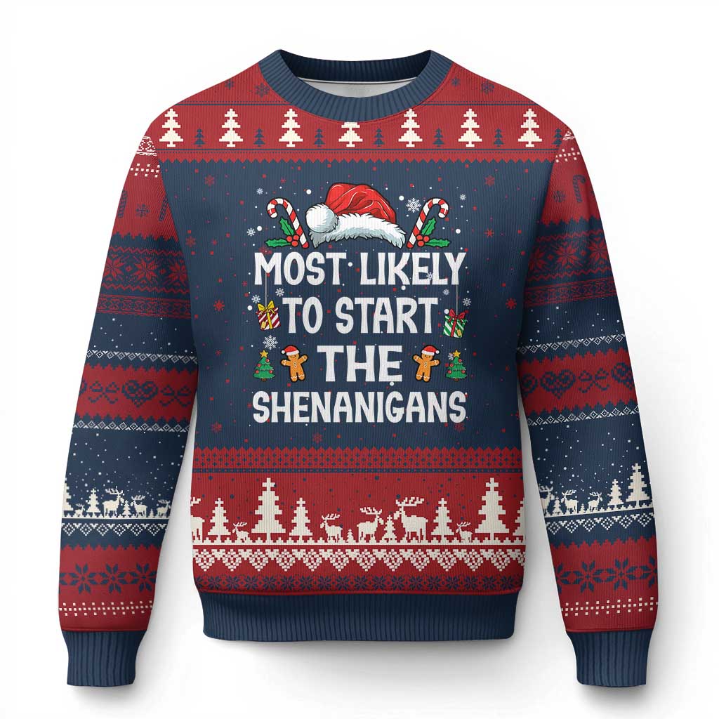 Family Matching Xmas Ugly Christmas Sweater Most Likely To Start All The Shenanigans - Wonder Print Shop