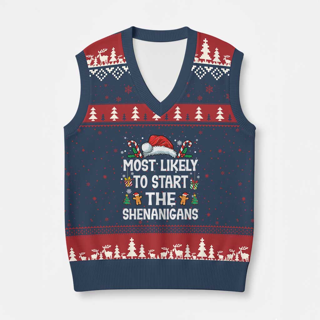 Family Matching Xmas V-Neck Knit Sweater Vest Most Likely To Start All The Shenanigans - Wonder Print Shop