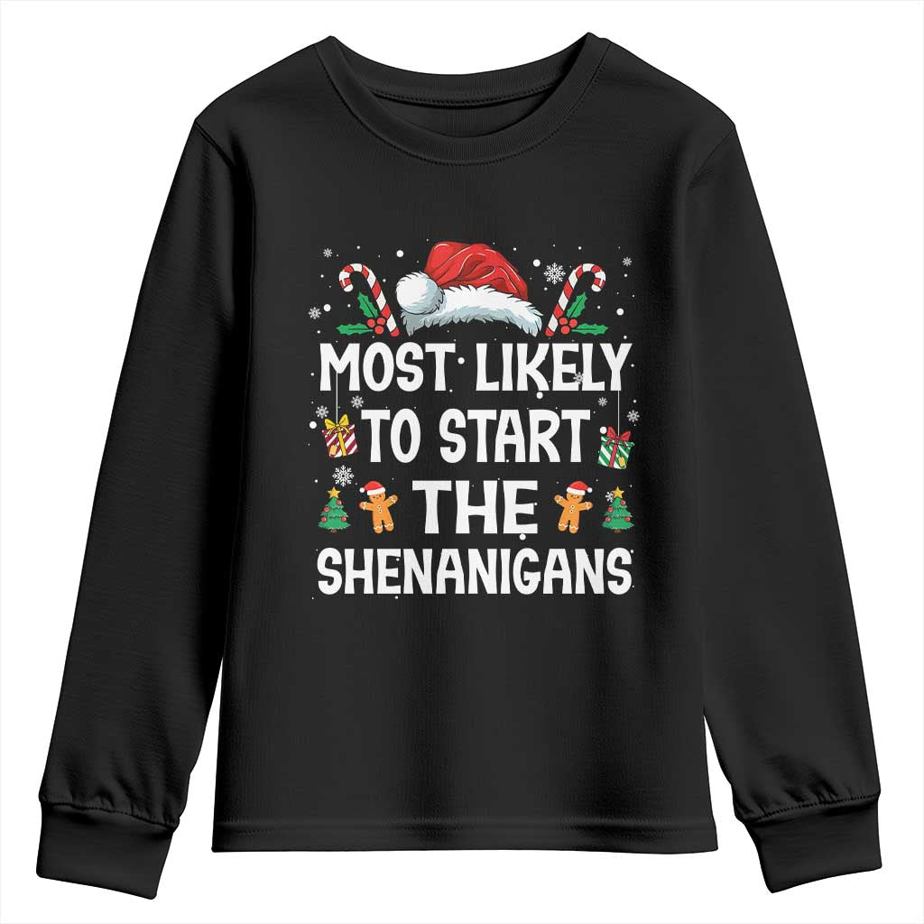 Family Matching Christmas Youth Sweatshirt Most Likely To Start All The Shenanigans - Wonder Print Shop