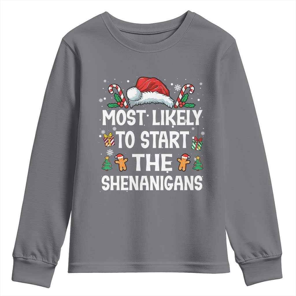 Family Matching Christmas Youth Sweatshirt Most Likely To Start All The Shenanigans - Wonder Print Shop