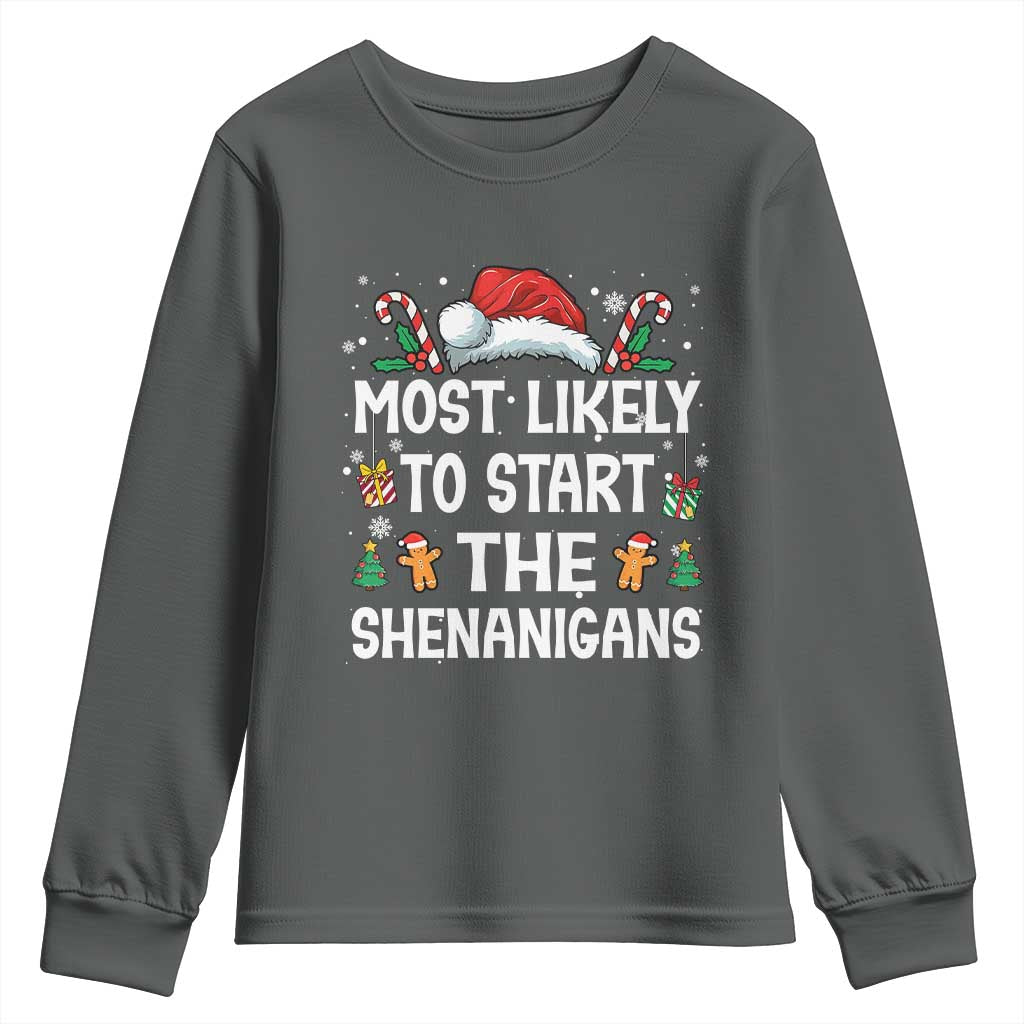 Family Matching Christmas Youth Sweatshirt Most Likely To Start All The Shenanigans - Wonder Print Shop