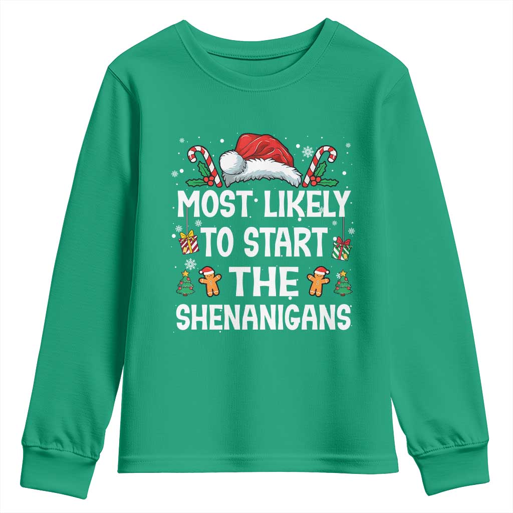 Family Matching Christmas Youth Sweatshirt Most Likely To Start All The Shenanigans - Wonder Print Shop