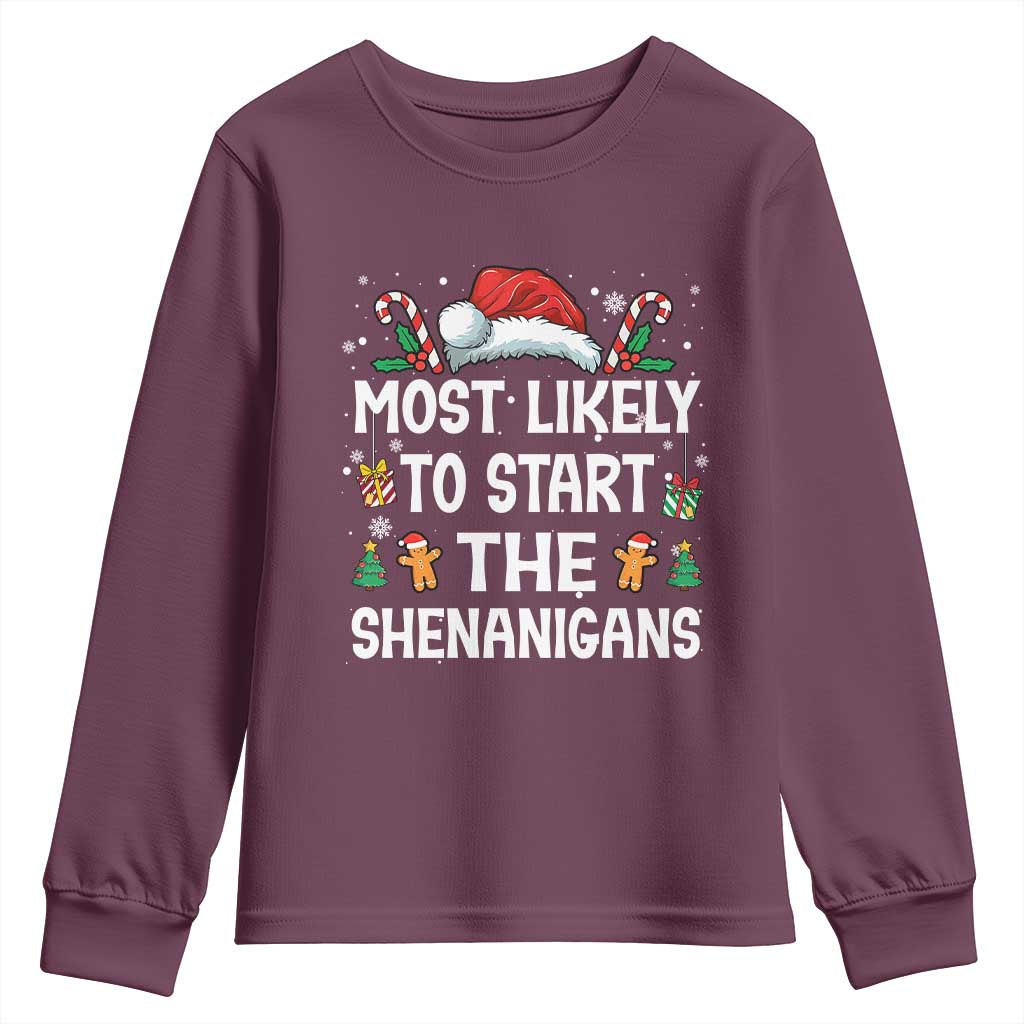 Family Matching Christmas Youth Sweatshirt Most Likely To Start All The Shenanigans - Wonder Print Shop