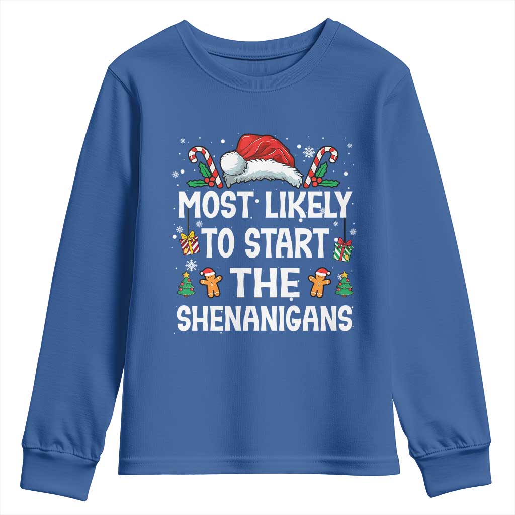 Family Matching Christmas Youth Sweatshirt Most Likely To Start All The Shenanigans - Wonder Print Shop