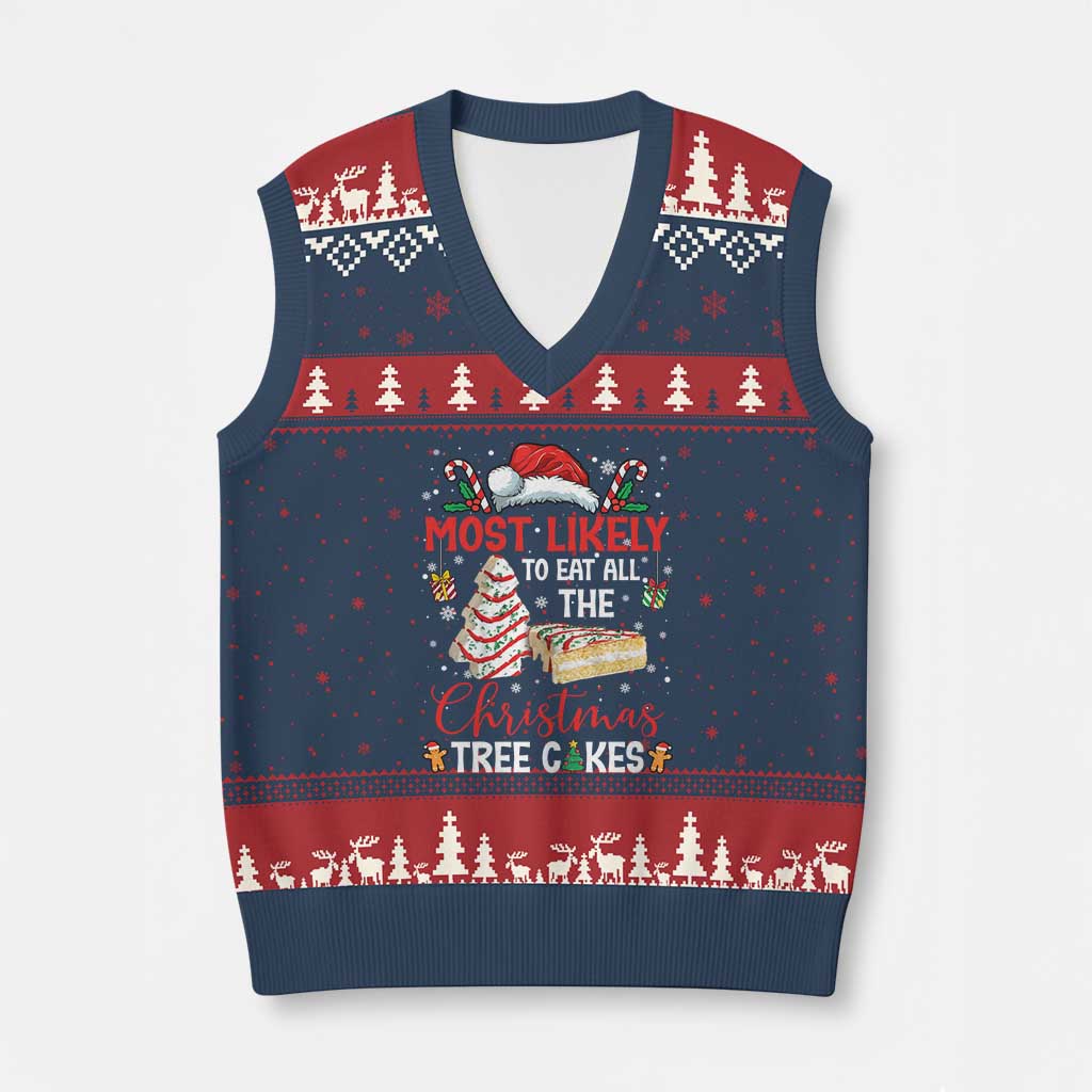 Funny Xmas Squad V-Neck Knit Sweater Vest Most Likely To Eat All The Christmas Tree Cakes - Wonder Print Shop