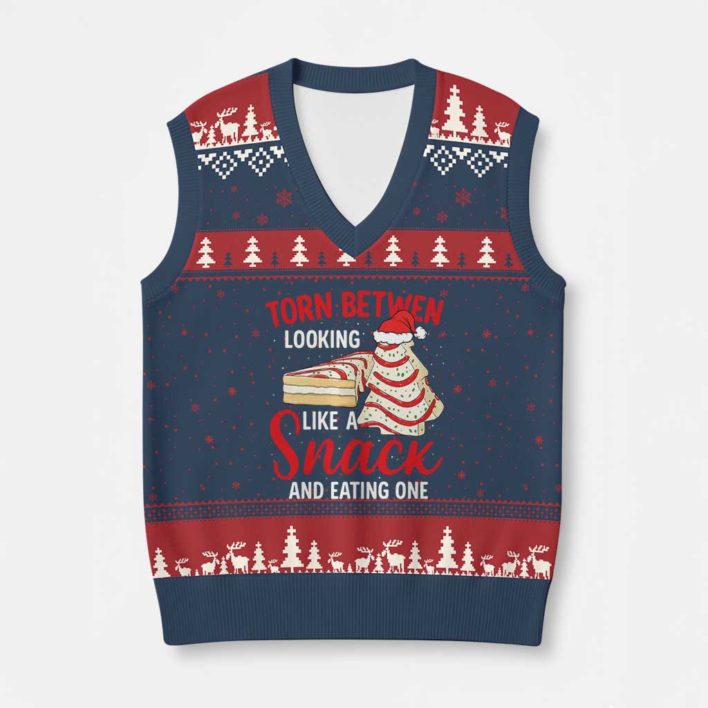 Torn Between Looking Like A Snack Or Eating One Xmas V-Neck Knit Sweater Vest Debbies Tree Cake - Wonder Print Shop
