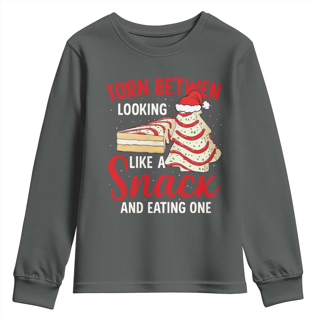 Torn Between Looking Like A Snack Or Eating One Christmas Youth Sweatshirt Debbies Tree Cake - Wonder Print Shop