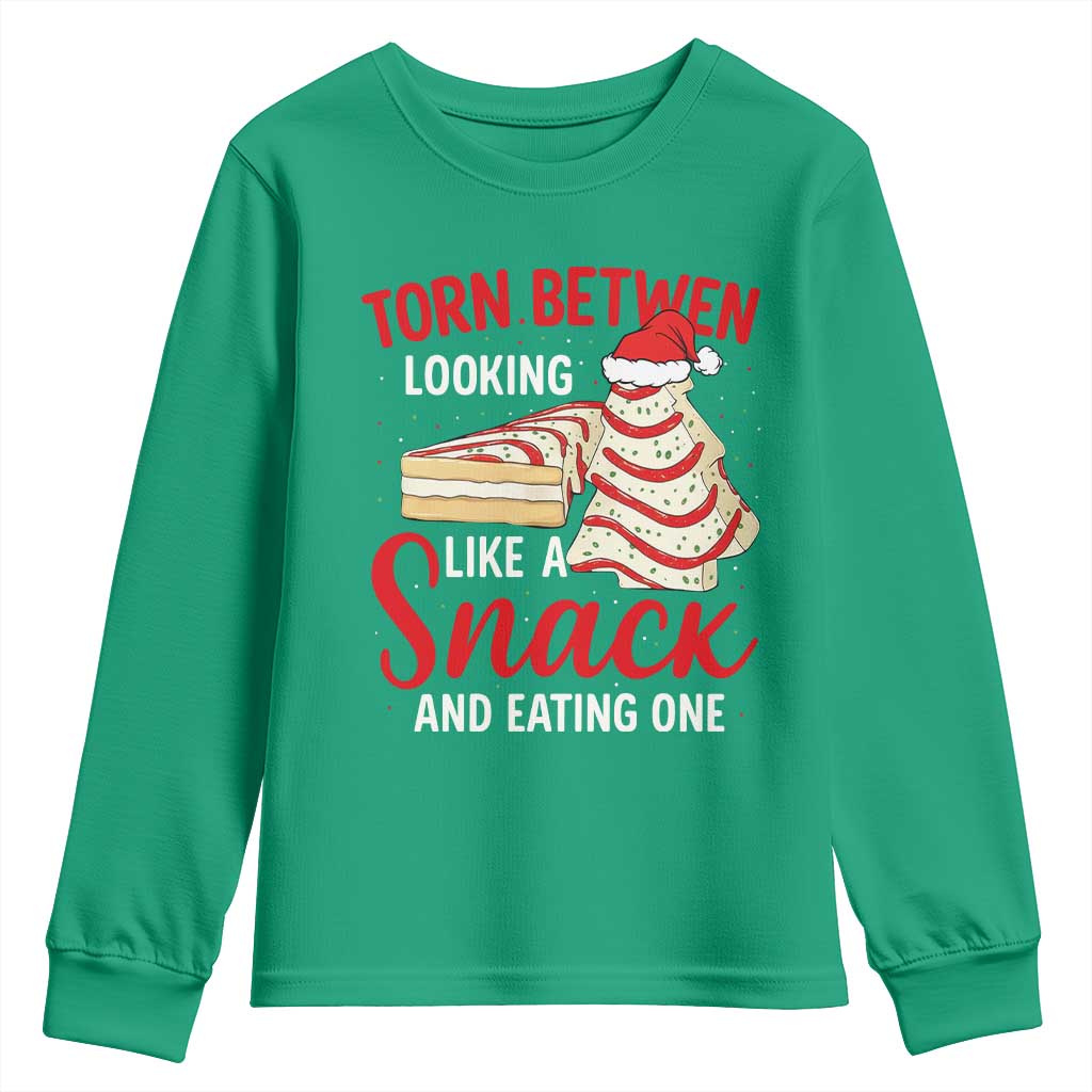 Torn Between Looking Like A Snack Or Eating One Christmas Youth Sweatshirt Debbies Tree Cake - Wonder Print Shop