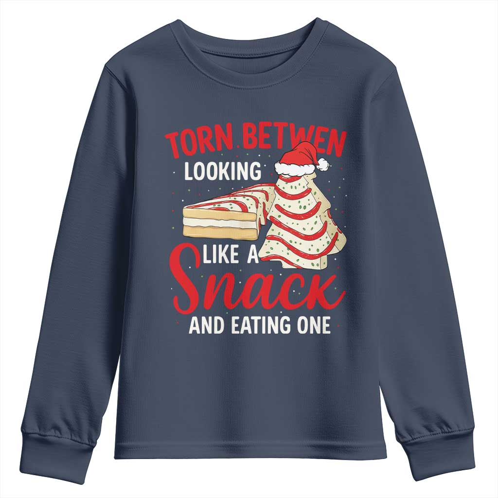 Torn Between Looking Like A Snack Or Eating One Christmas Youth Sweatshirt Debbies Tree Cake - Wonder Print Shop
