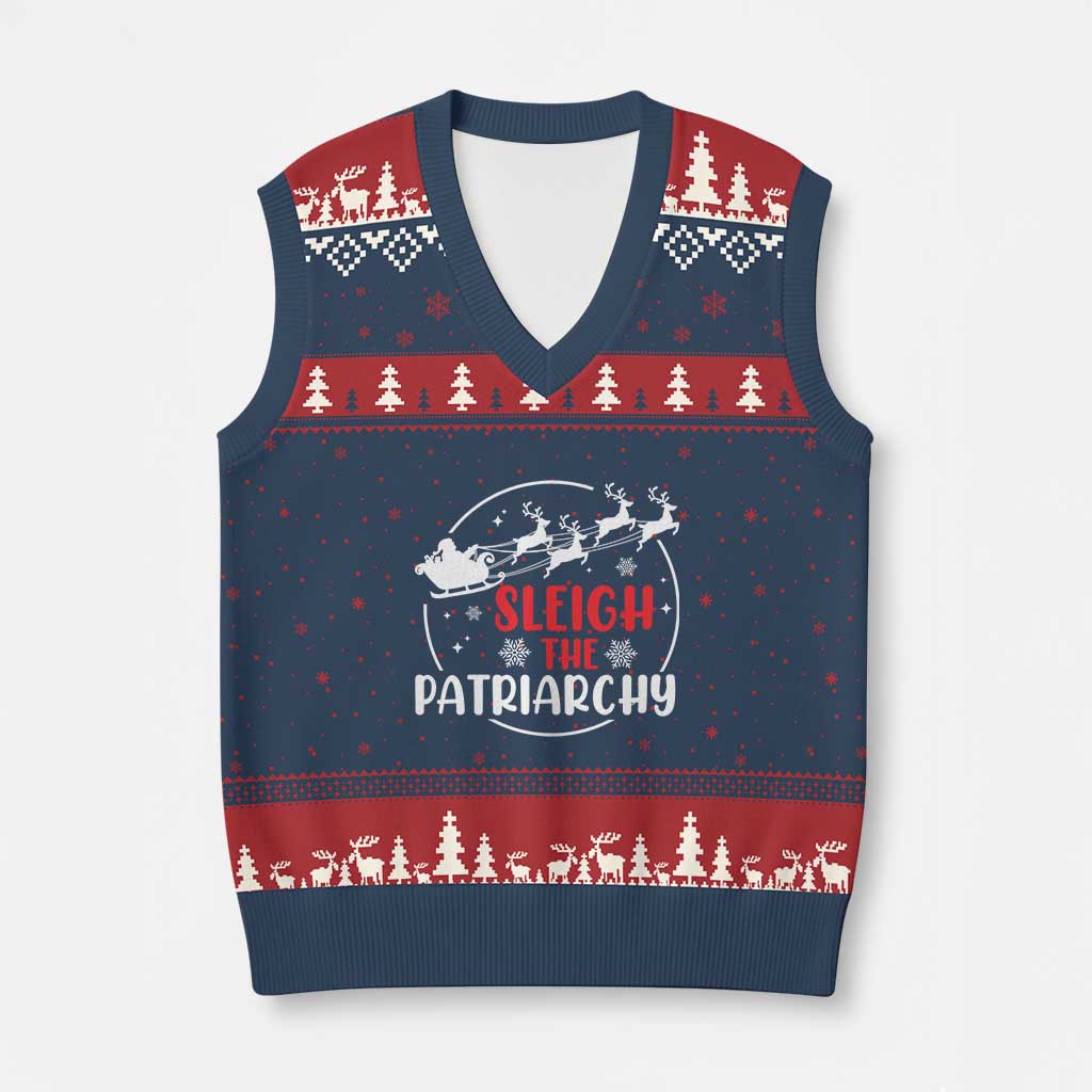 Sleigh The Patriarchy V-Neck Knit Sweater Vest Feminist Xmas Womens Rights - Wonder Print Shop