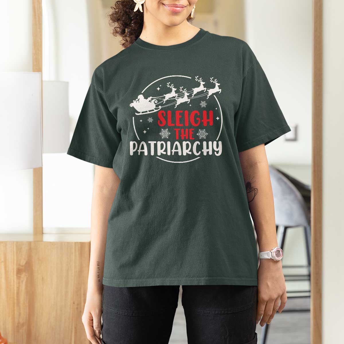 Sleigh The Patriarchy T Shirt For Women Feminist Christmas Womens Rights TS10