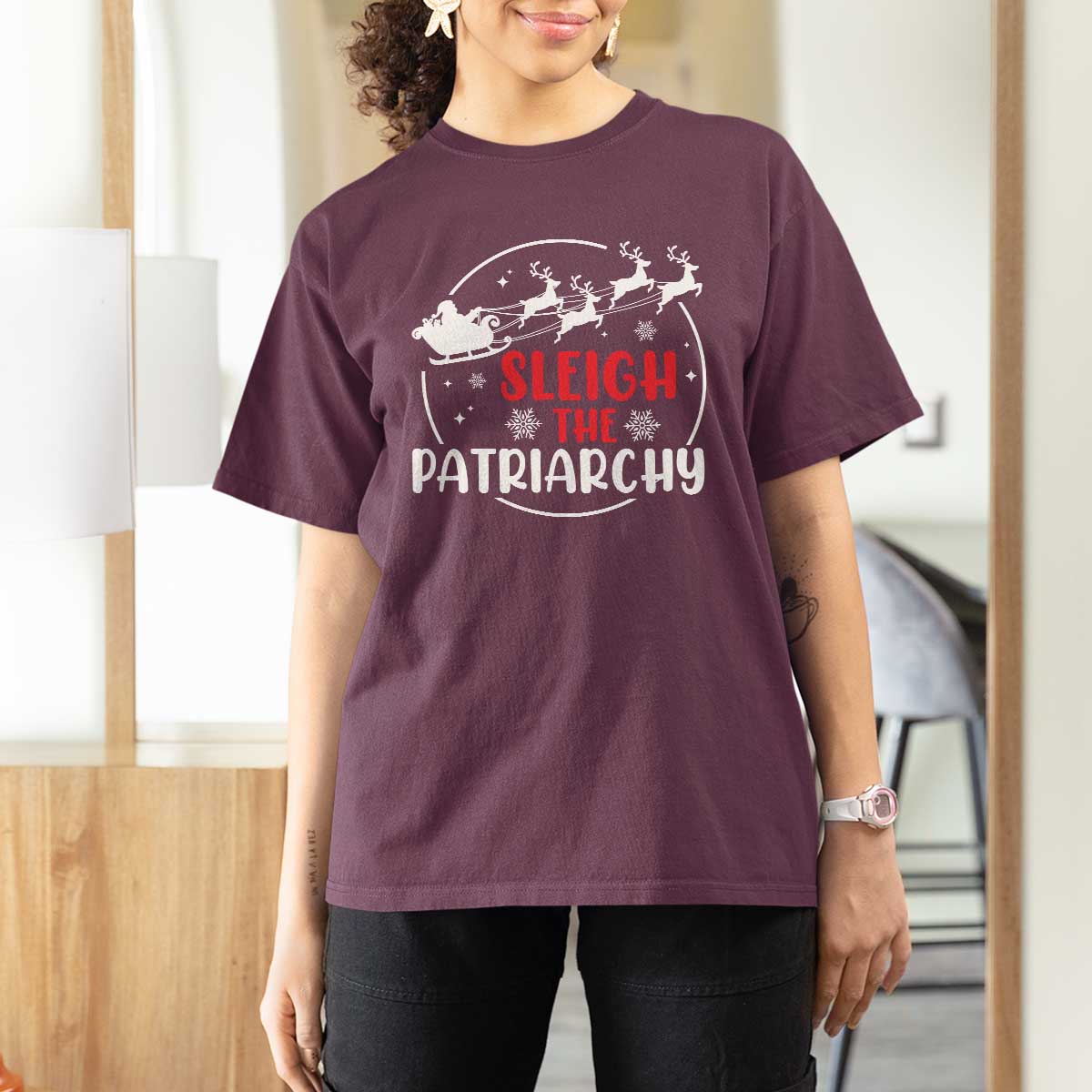 Sleigh The Patriarchy T Shirt For Women Feminist Christmas Womens Rights TS10