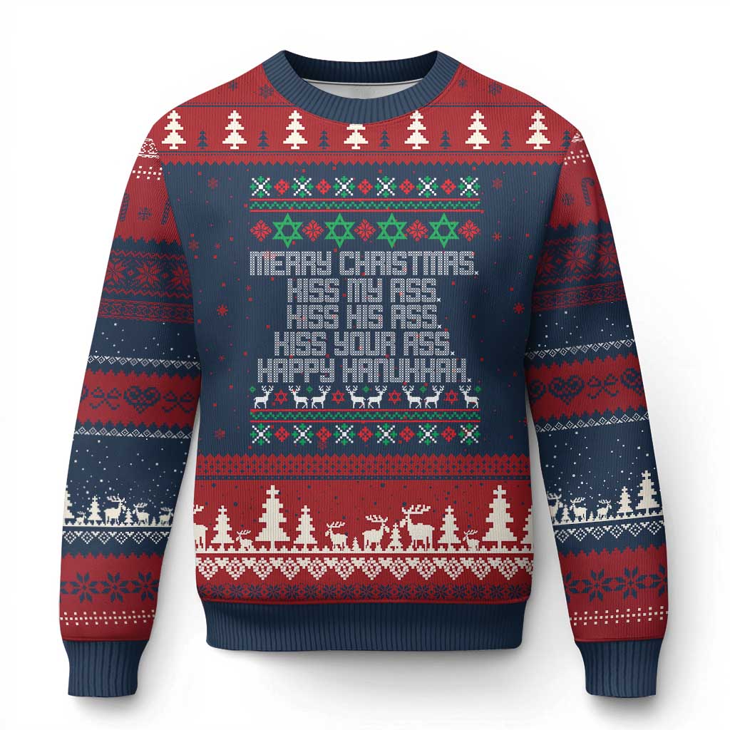 Merry Xmas Kiss My Ass Happy Hanukkah Ugly Christmas Sweater - Wonder Print Shop