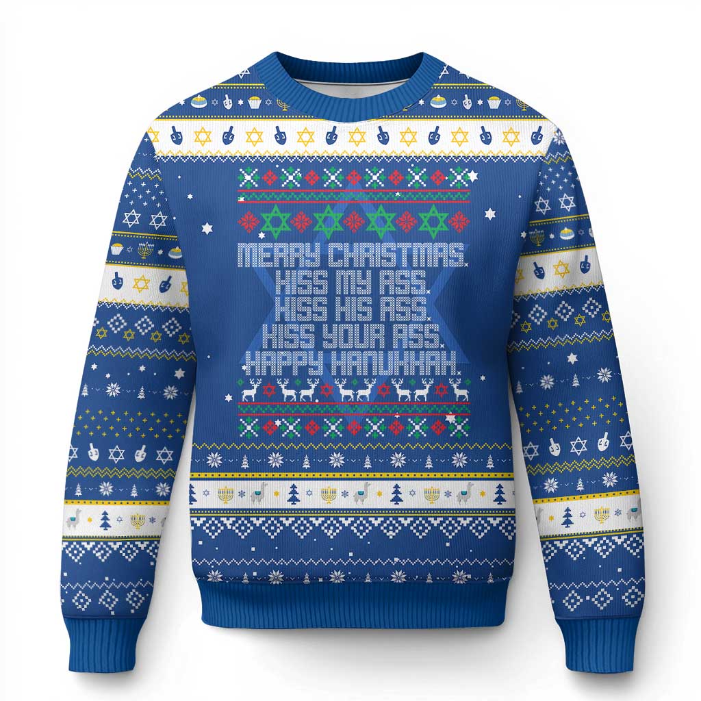 Merry Christmas Kiss My Ass Happy Hanukkah Hanukkah Ugly Sweater - Wonder Print Shop