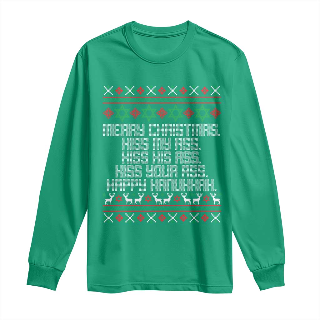 Merry Christmas Kiss My Ass Happy Hanukkah Long Sleeve Shirt - Wonder Print Shop