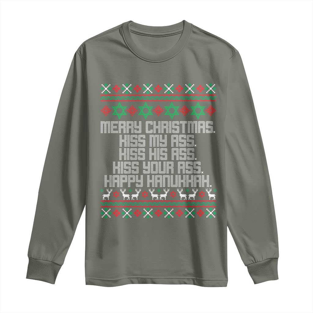Merry Christmas Kiss My Ass Happy Hanukkah Long Sleeve Shirt - Wonder Print Shop