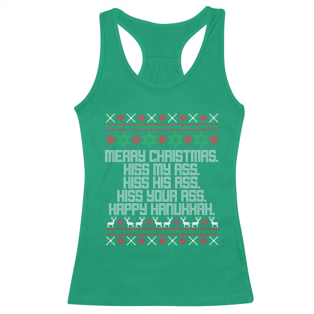 Merry Christmas Kiss My Ass Happy Hanukkah Racerback Tank Top - Wonder Print Shop