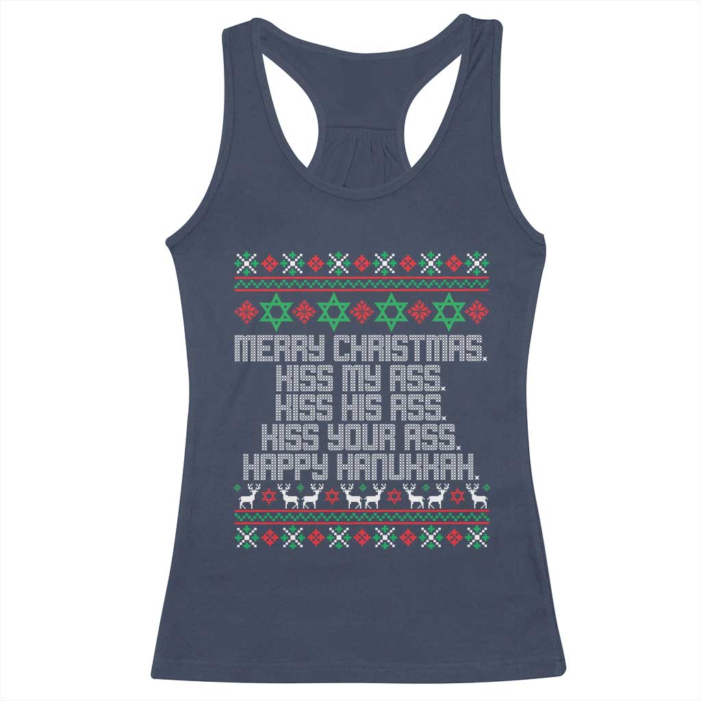 Merry Christmas Kiss My Ass Happy Hanukkah Racerback Tank Top - Wonder Print Shop