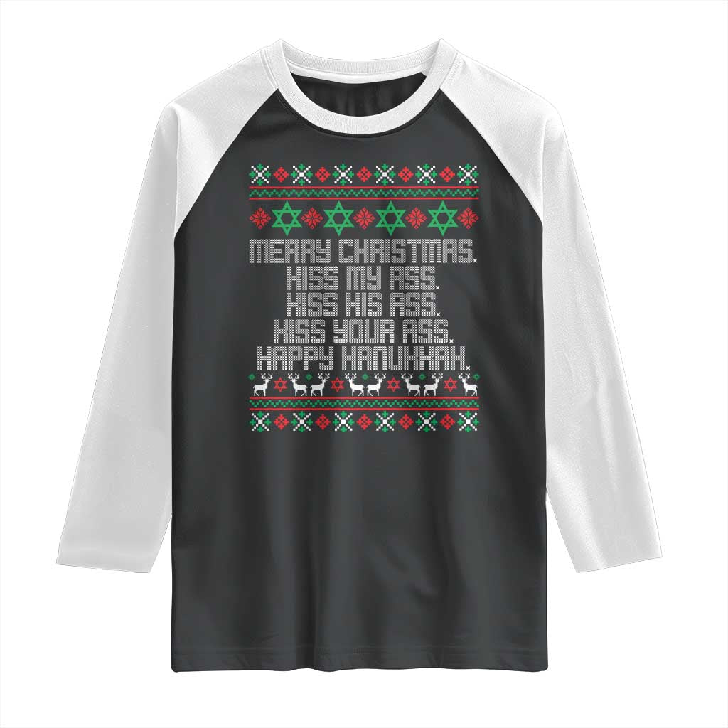 Merry Christmas Kiss My Ass Happy Hanukkah Raglan Shirt - Wonder Print Shop