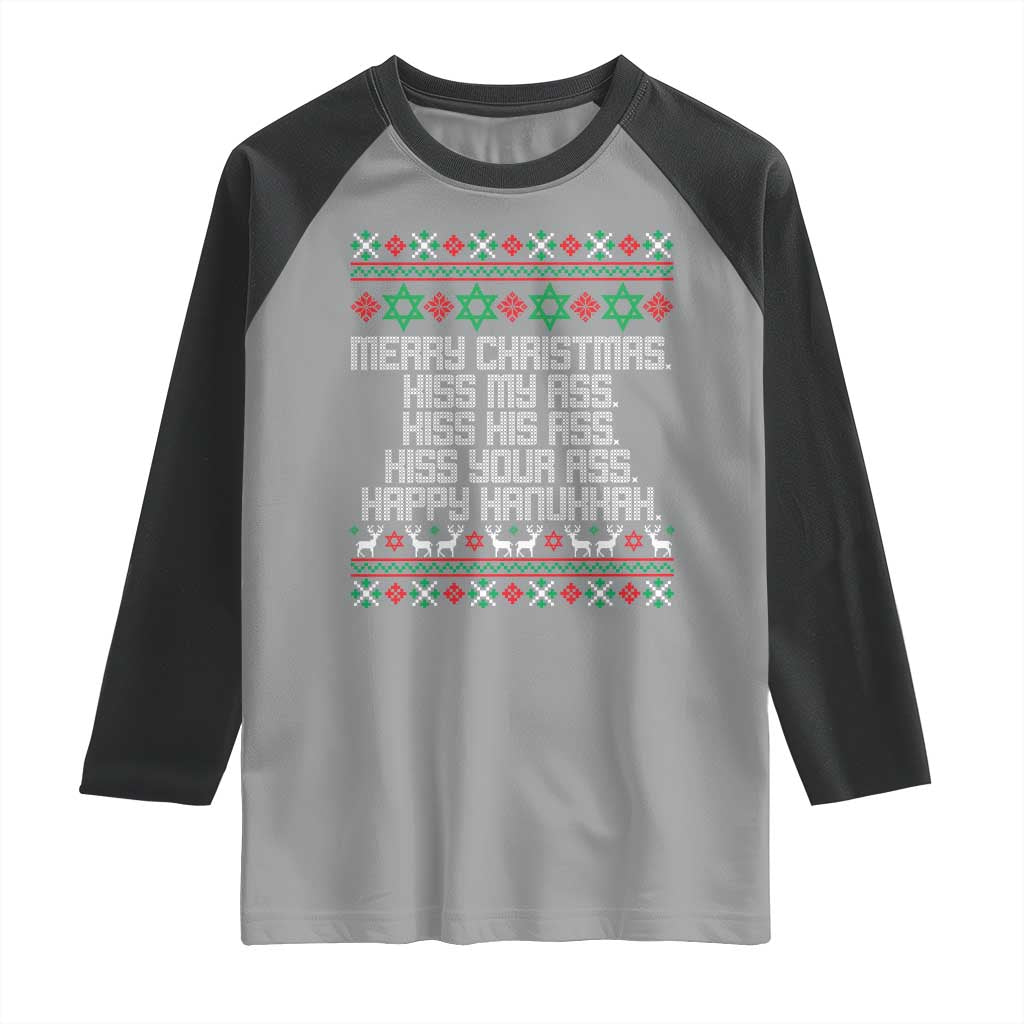 Merry Christmas Kiss My Ass Happy Hanukkah Raglan Shirt - Wonder Print Shop