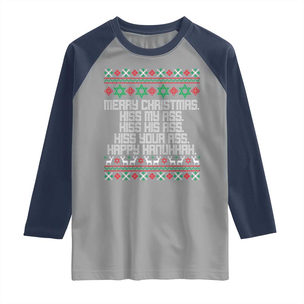 Merry Christmas Kiss My Ass Happy Hanukkah Raglan Shirt - Wonder Print Shop