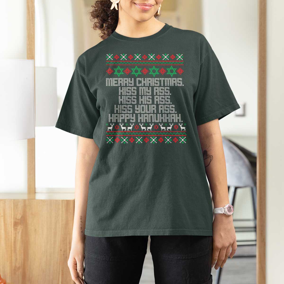 Merry Christmas Kiss My Ass Happy Hanukkah T Shirt For Women - Wonder Print Shop