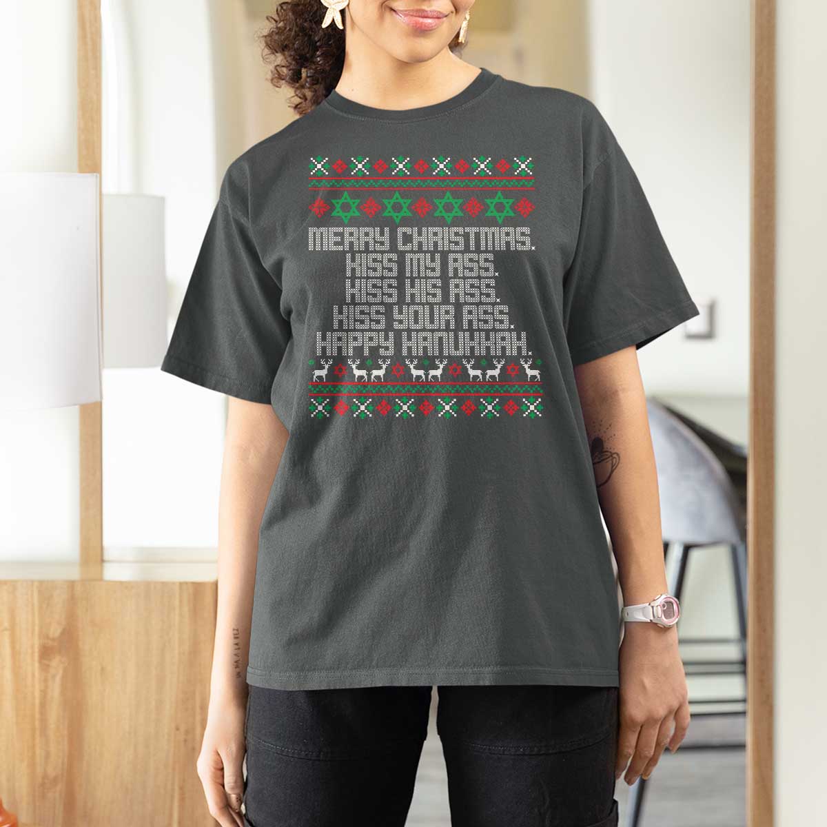 Merry Christmas Kiss My Ass Happy Hanukkah T Shirt For Women - Wonder Print Shop