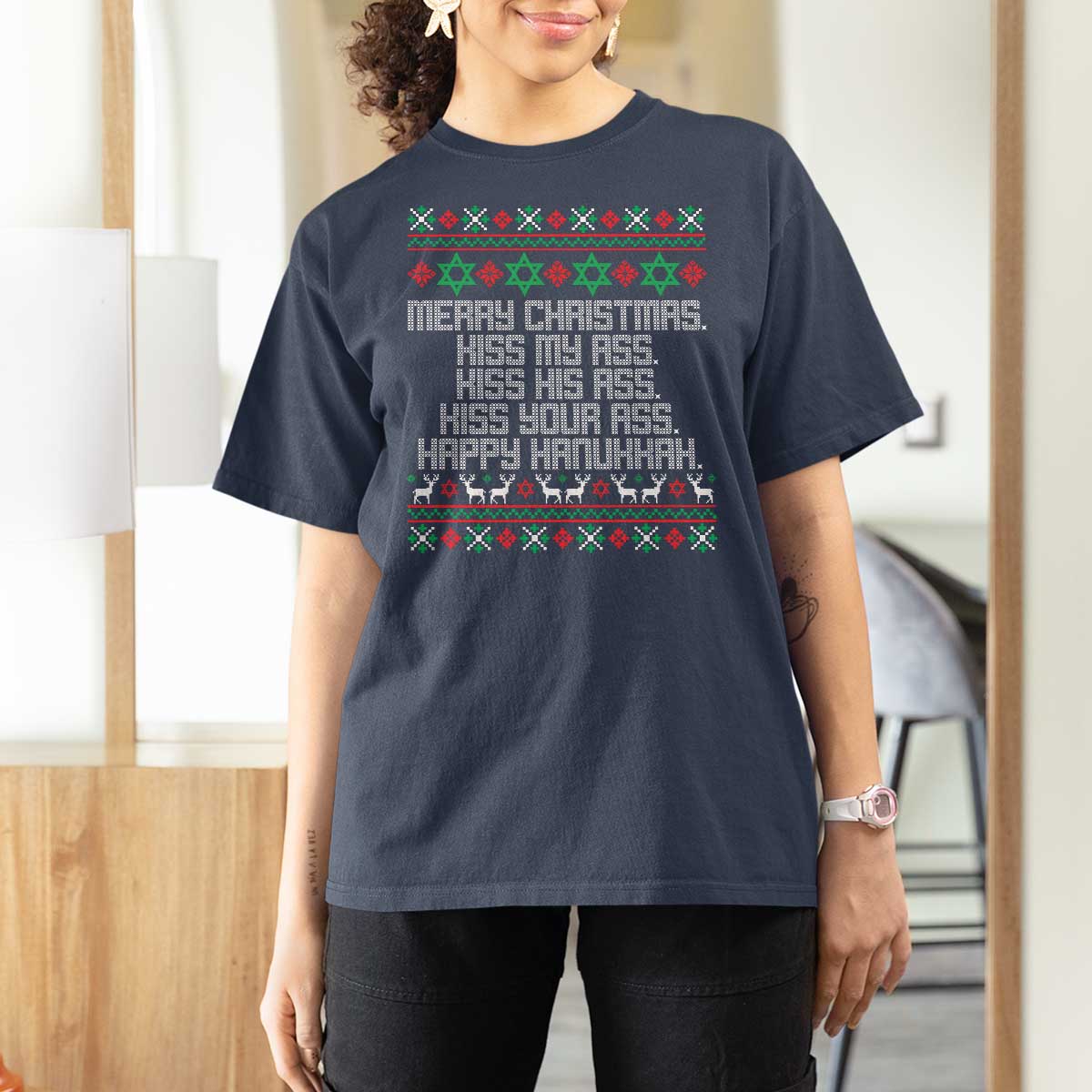 Merry Christmas Kiss My Ass Happy Hanukkah T Shirt For Women - Wonder Print Shop