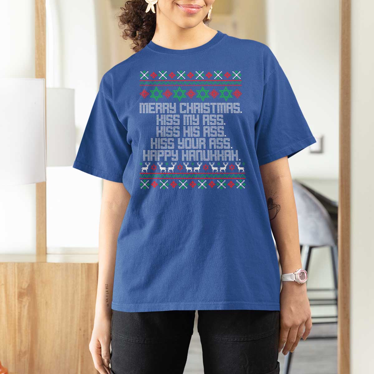 Merry Christmas Kiss My Ass Happy Hanukkah T Shirt For Women - Wonder Print Shop