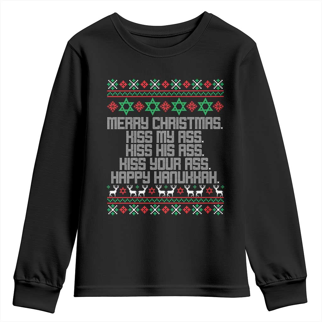 Merry Christmas Kiss My Ass Happy Hanukkah Youth Sweatshirt - Wonder Print Shop