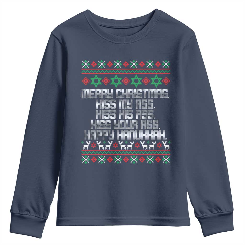 Merry Christmas Kiss My Ass Happy Hanukkah Youth Sweatshirt - Wonder Print Shop