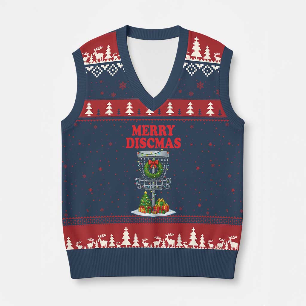 Xmas Disc Golf V-Neck Knit Sweater Vest Merry Discmas Golfers Frisbee Golfer Xmas Gift - Wonder Print Shop