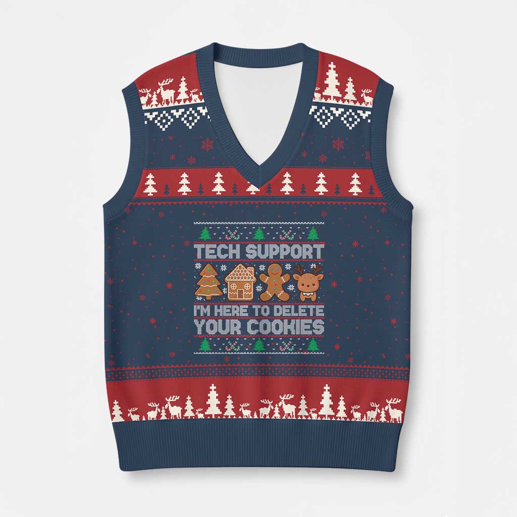Funny Xmas Tech Support V-Neck Knit Sweater Vest Computer Programmer Gift Here To Delete Cookies Ugly Xmas - Wonder Print Shop