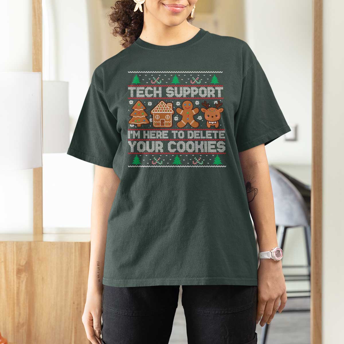 Funny Christmas Tech Support T Shirt For Women Computer Programmer Gift Here To Delete Cookies Ugly Xmas - Wonder Print Shop