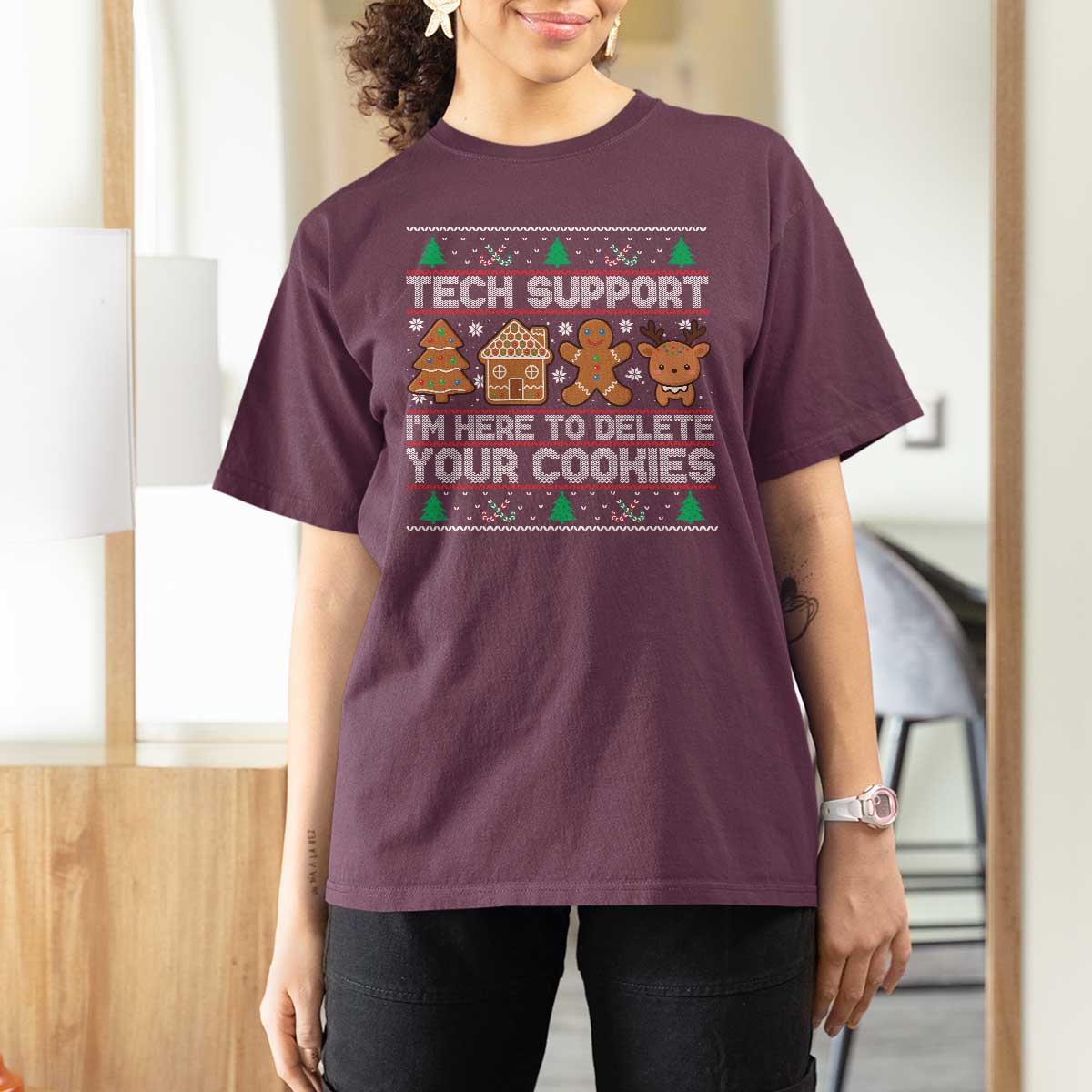 Funny Christmas Tech Support T Shirt For Women Computer Programmer Gift Here To Delete Cookies Ugly Xmas - Wonder Print Shop