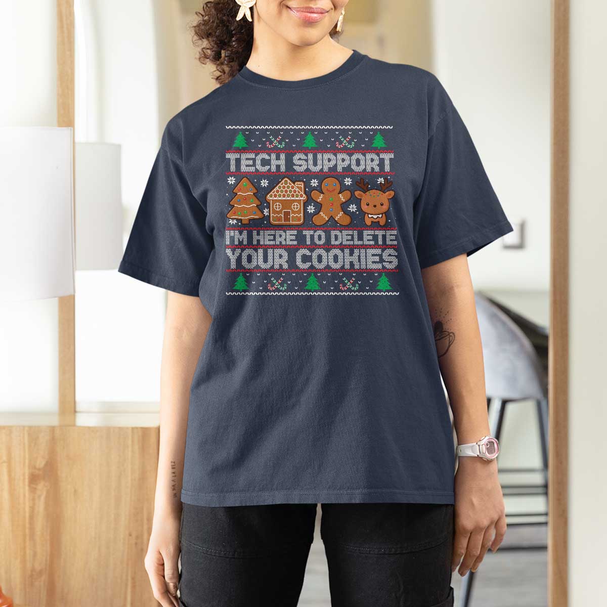 Funny Christmas Tech Support T Shirt For Women Computer Programmer Gift Here To Delete Cookies Ugly Xmas - Wonder Print Shop