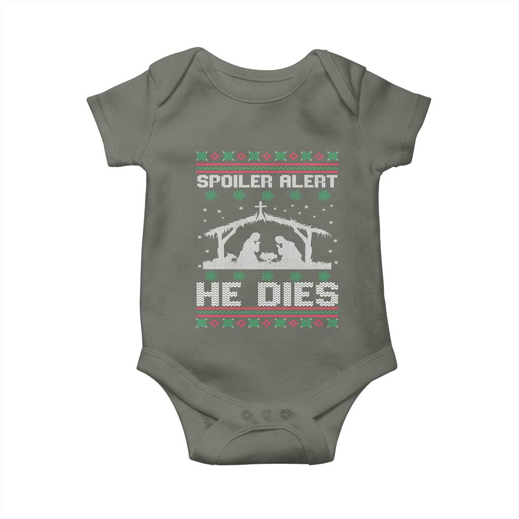 Spoiler Alert He Dies Baby Onesie Funny Nativity Scene Dark Humor Ugly Xmas - Wonder Print Shop