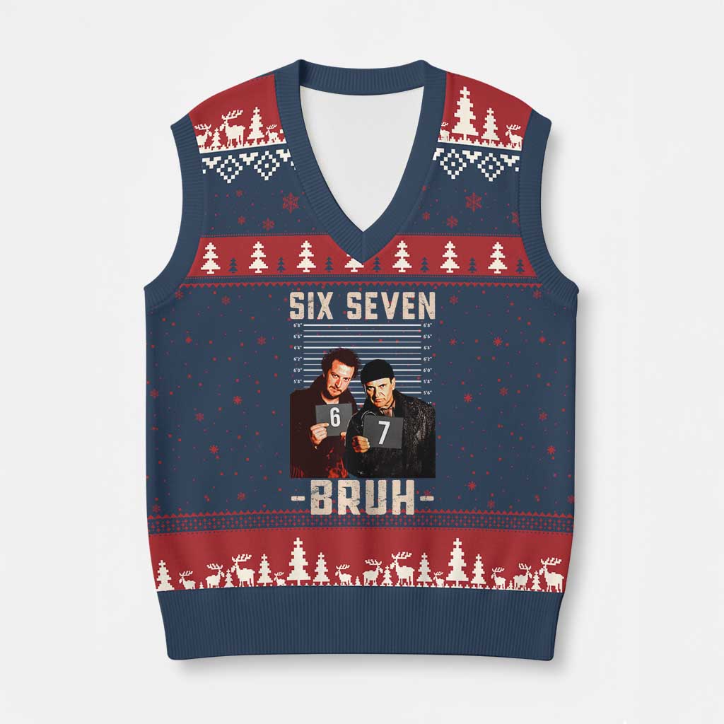 Funny 6 7 Meme V-Neck Knit Sweater Vest Retro Home Xmas Movie Alone - Wonder Print Shop