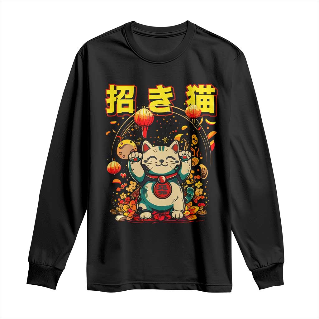 Maneki Neko Long Sleeve Shirt Kawaii Japanese Lucky Cat Waving