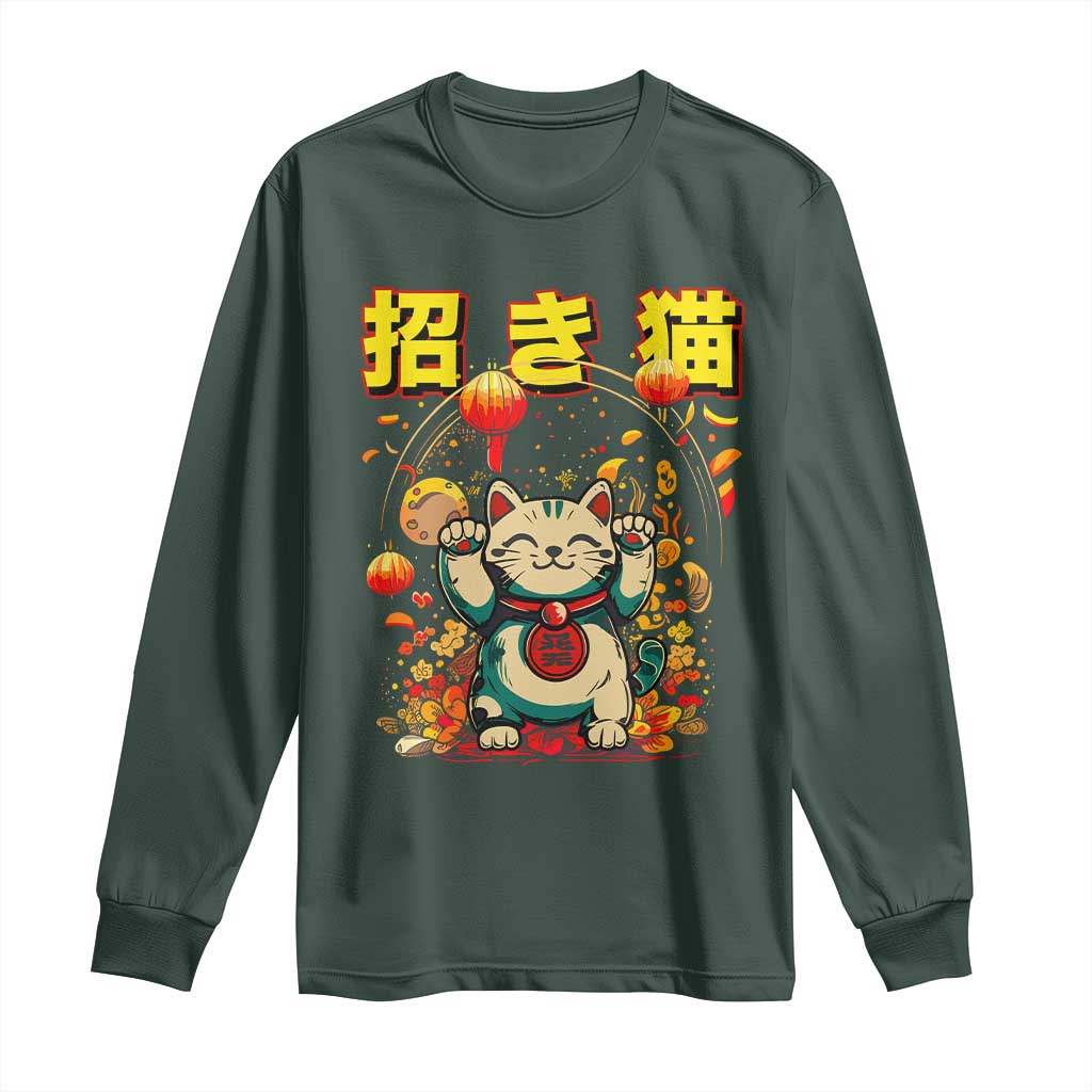 Maneki Neko Long Sleeve Shirt Kawaii Japanese Lucky Cat Waving