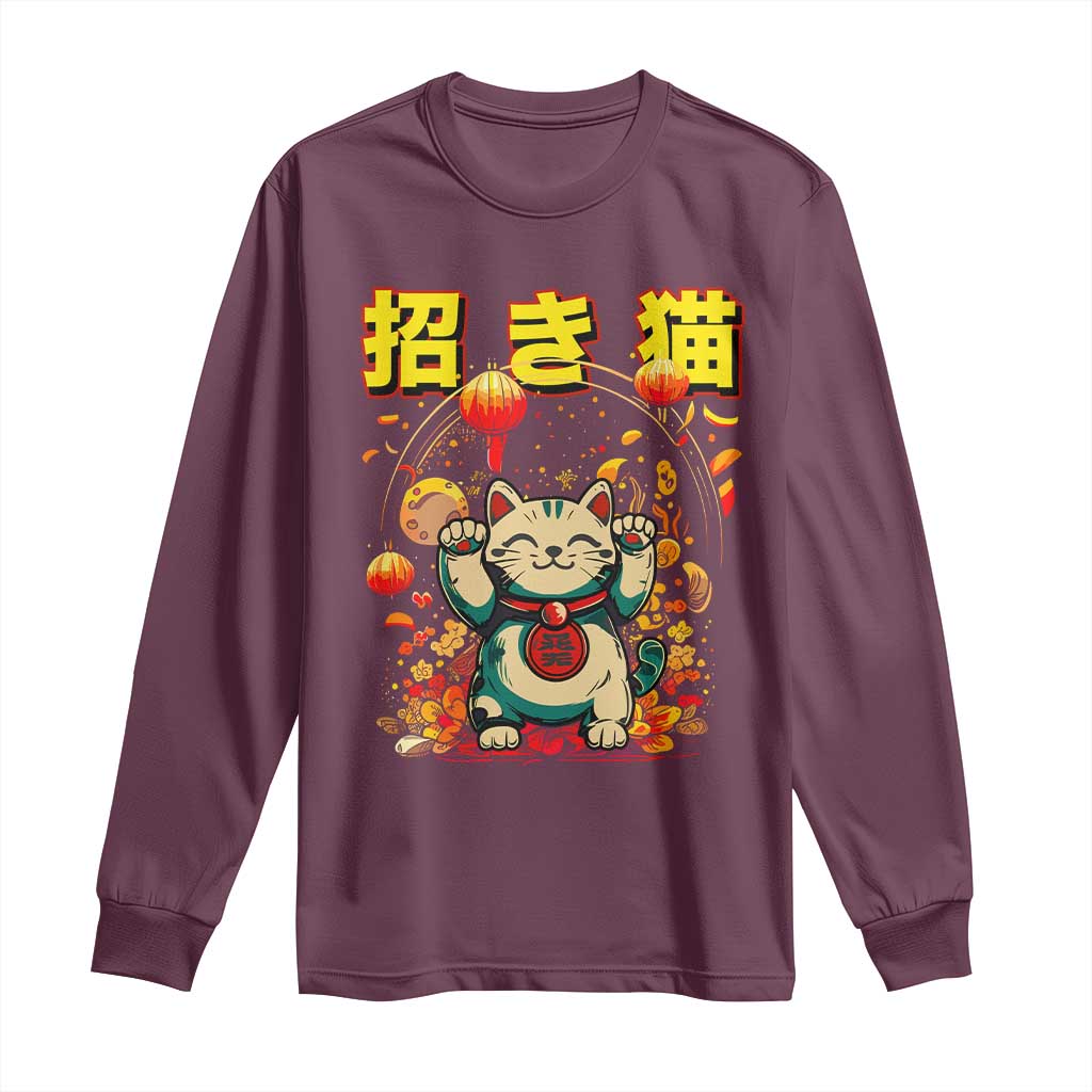 Maneki Neko Long Sleeve Shirt Kawaii Japanese Lucky Cat Waving