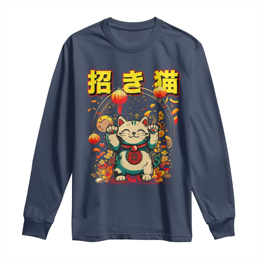 Maneki Neko Long Sleeve Shirt Kawaii Japanese Lucky Cat Waving