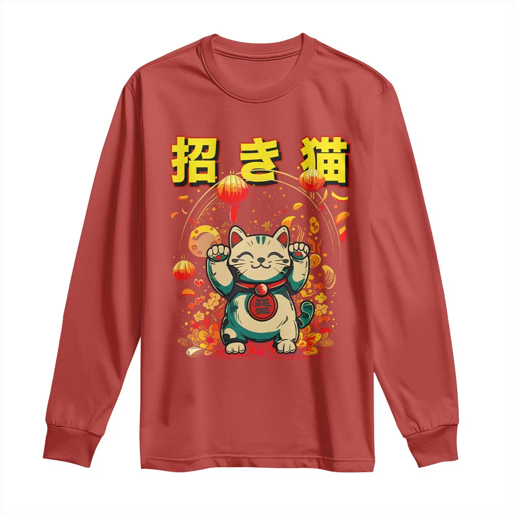Maneki Neko Long Sleeve Shirt Kawaii Japanese Lucky Cat Waving