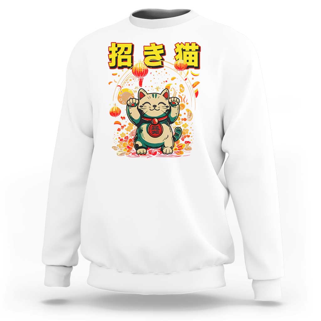 Maneki Neko Sweatshirt Kawaii Japanese Lucky Cat Waving