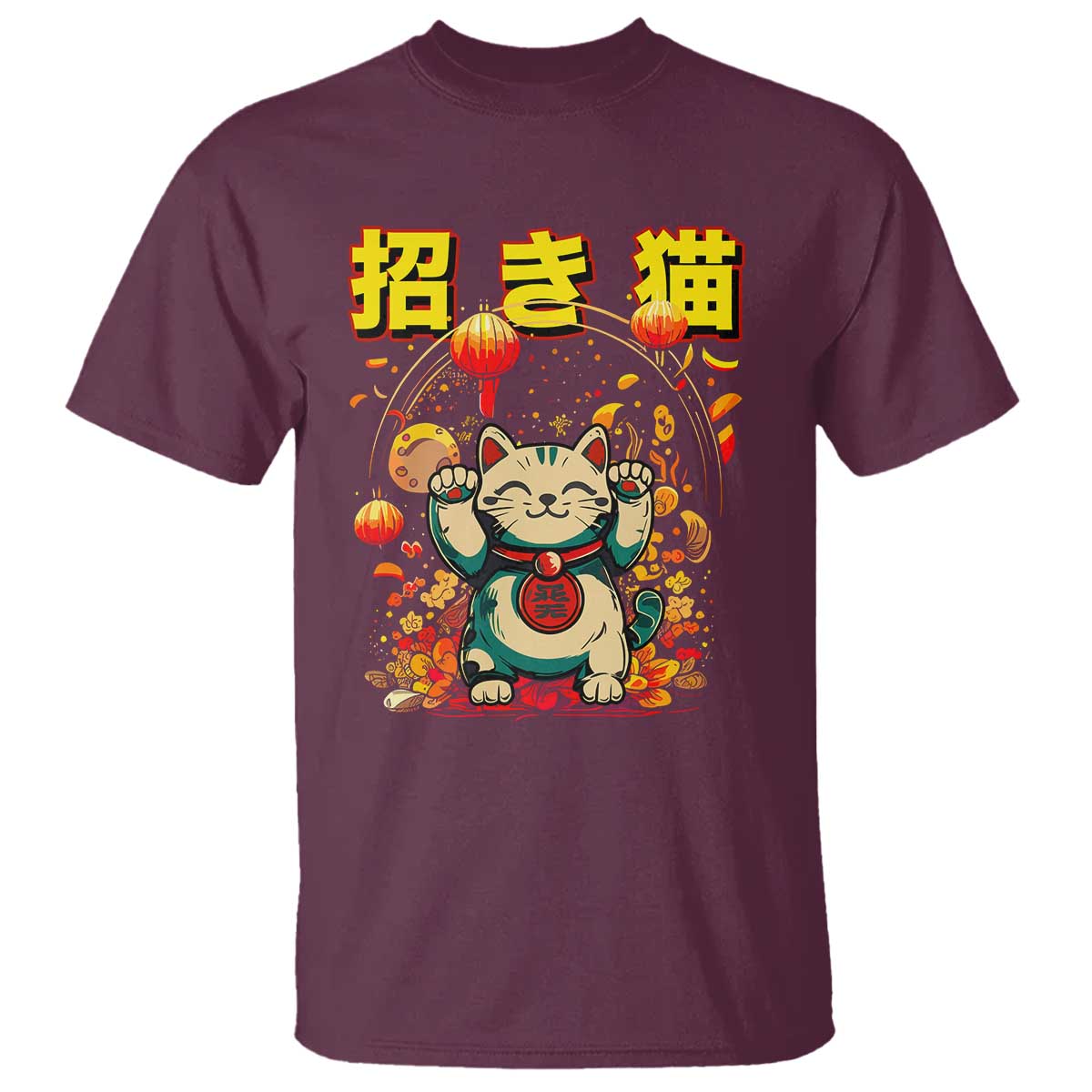 Maneki Neko T Shirt Kawaii Japanese Lucky Cat Waving