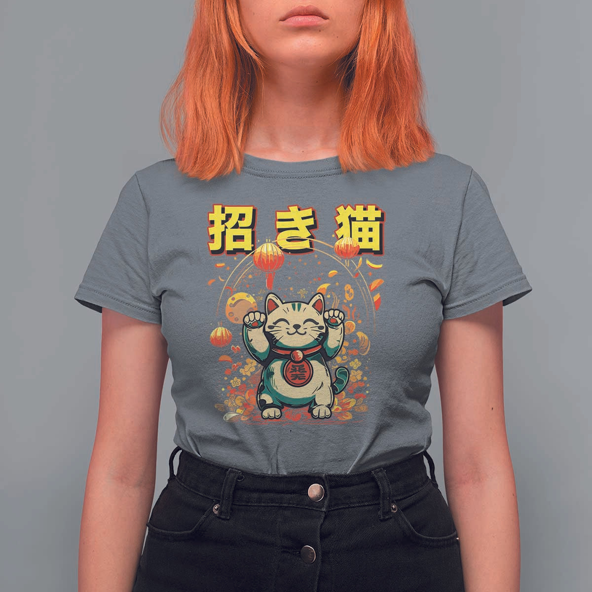 Maneki Neko T Shirt For Women Kawaii Japanese Lucky Cat Waving
