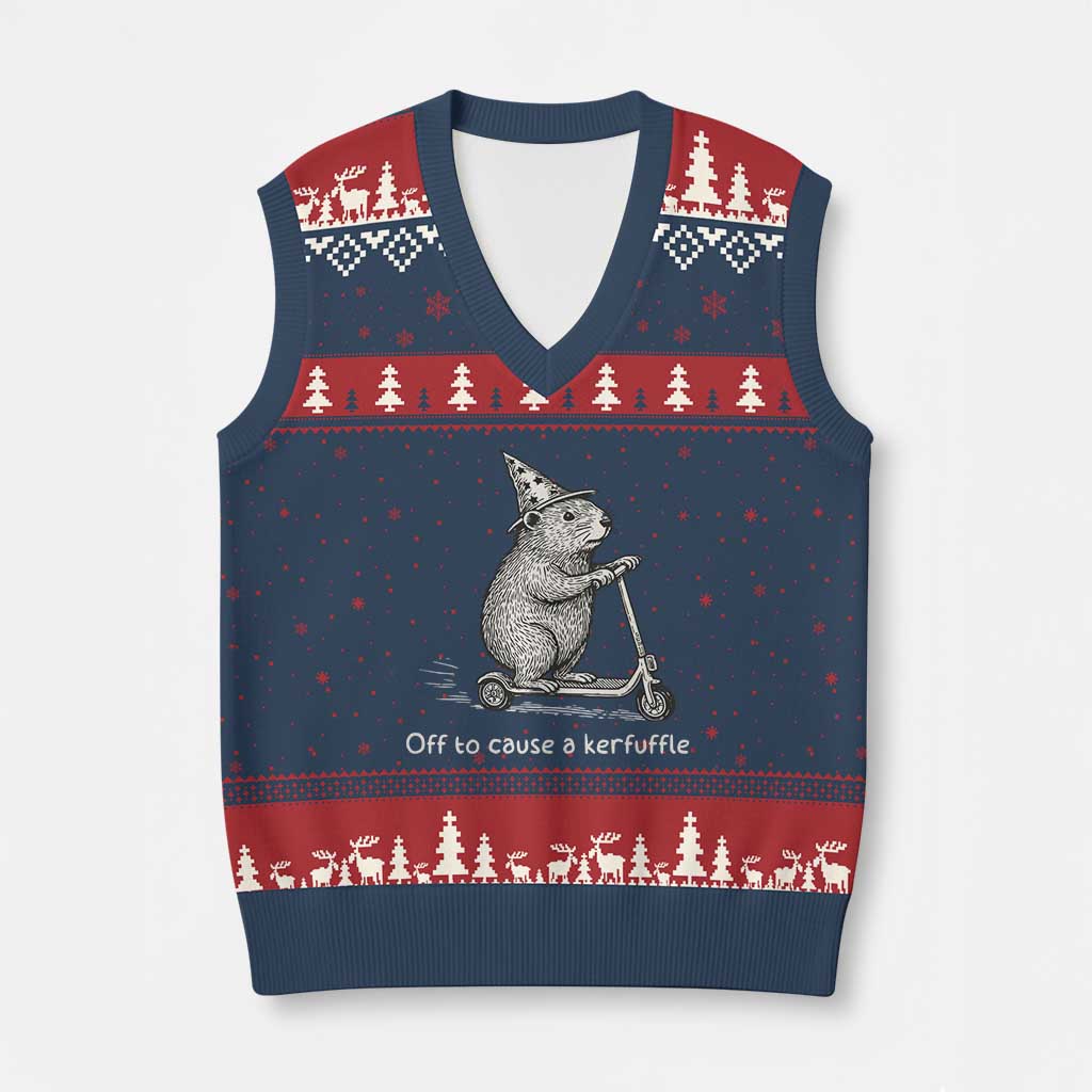 Funny Groundhog Off To Cause A Kerfuffle V-Neck Knit Sweater Vest - Wonder Print Shop