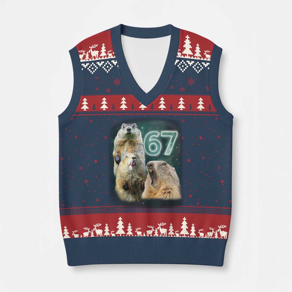 67 Meme Groundhog V-Neck Knit Sweater Vest Howling At The Moon Funny Six Seven Meme Ground Hog Day - Wonder Print Shop