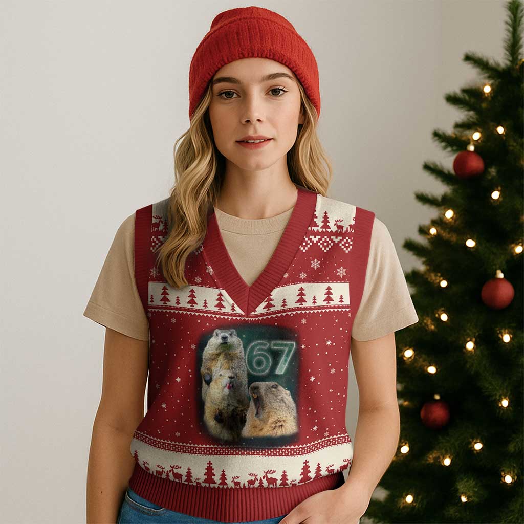 67 Meme Groundhog V-Neck Knit Sweater Vest Howling At The Moon Funny Six Seven Meme Ground Hog Day - Wonder Print Shop