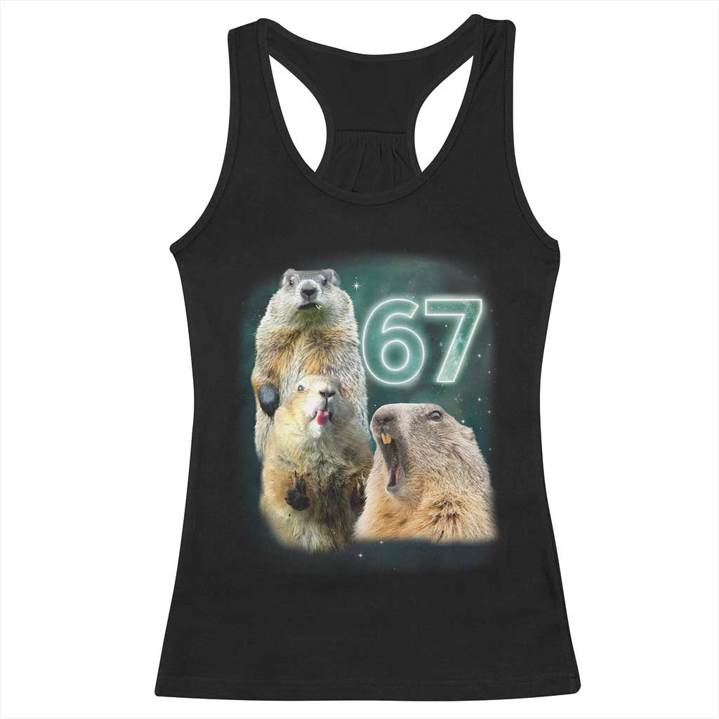67 Meme Groundhog Racerback Tank Top Howling At The Moon Funny Six Seven Meme Ground Hog Day - Wonder Print Shop